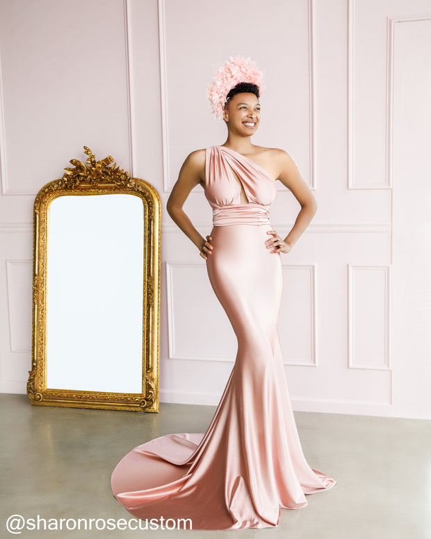 Oscar Blush Pink Satin Engagement Gown for Photo Shoots