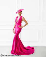 Oscar Fuchsia Satin Engagement Gown Perfect for Photo Shoots