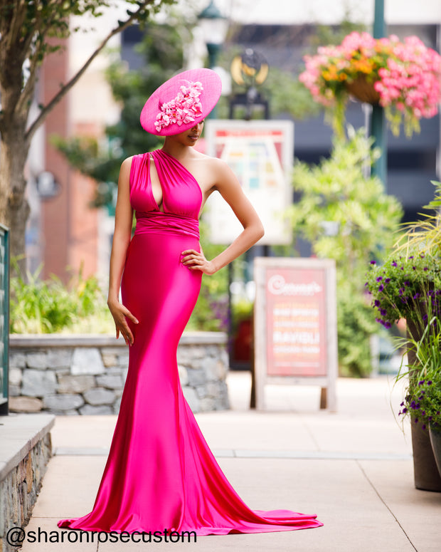 Oscar Fuchsia Satin Engagement Gown Perfect for Photo Shoots