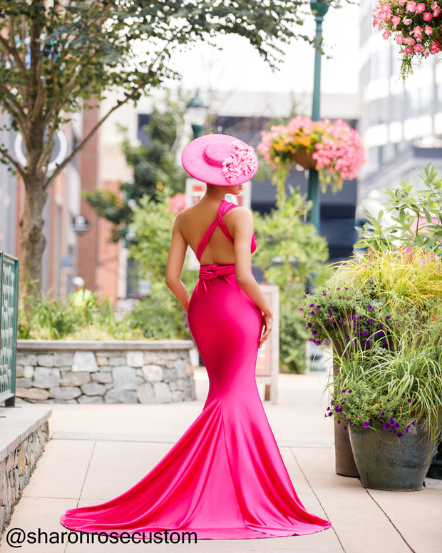 Oscar Fuchsia Satin Engagement Gown Perfect for Photo Shoots