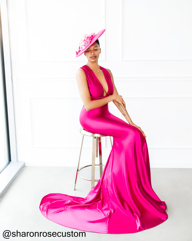 Oscar Fuchsia Satin Engagement Gown Perfect for Photo Shoots