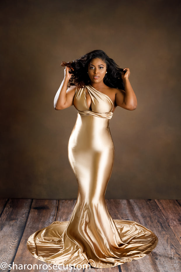 Oscar Bronze Satin Engagement Gown Perfect for Photo Shoots