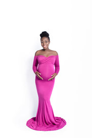 Raspberry Pink Long Sleeve Maternity Gown - Maternity Gown for Photo Shoot and Baby Showers