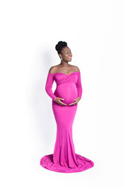 Raspberry Pink Long Sleeve Maternity Gown - Maternity Gown for Photo Shoot and Baby Showers
