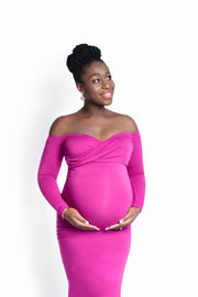 Raspberry Pink Long Sleeve Maternity Gown - Maternity Gown for Photo Shoot and Baby Showers