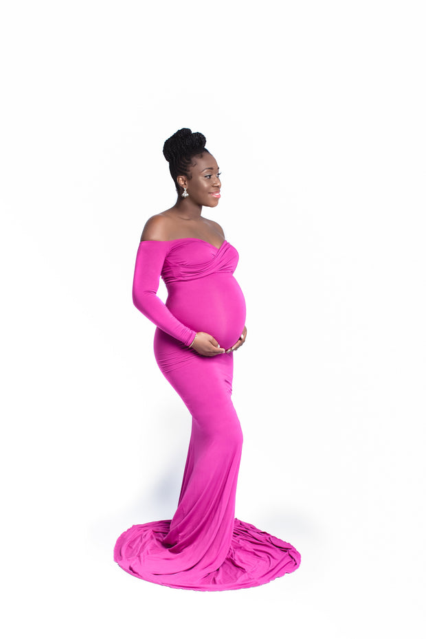 Raspberry Pink Long Sleeve Maternity Gown - Maternity Gown for Photo Shoot and Baby Showers