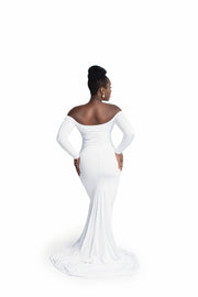Pure White Long Sleeve Maternity Gown for Photo Shoot and Baby Showers - Jersey Maternity Dress