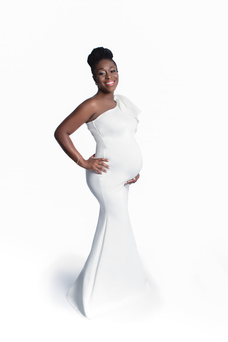Pure White Maternity Gown for Photo Shoot and Baby Showers - One Sleeve Maternity Dress