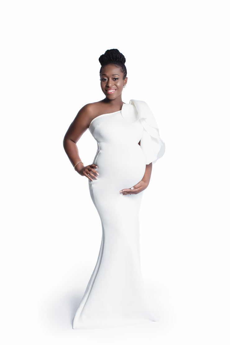 Pure White Maternity Gown for Photo Shoot and Baby Showers - One Sleeve Maternity Dress