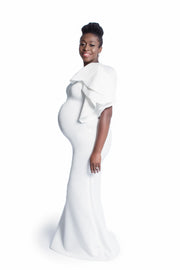 Pure White Maternity Gown for Photo Shoot and Baby Showers - One Sleeve Maternity Dress