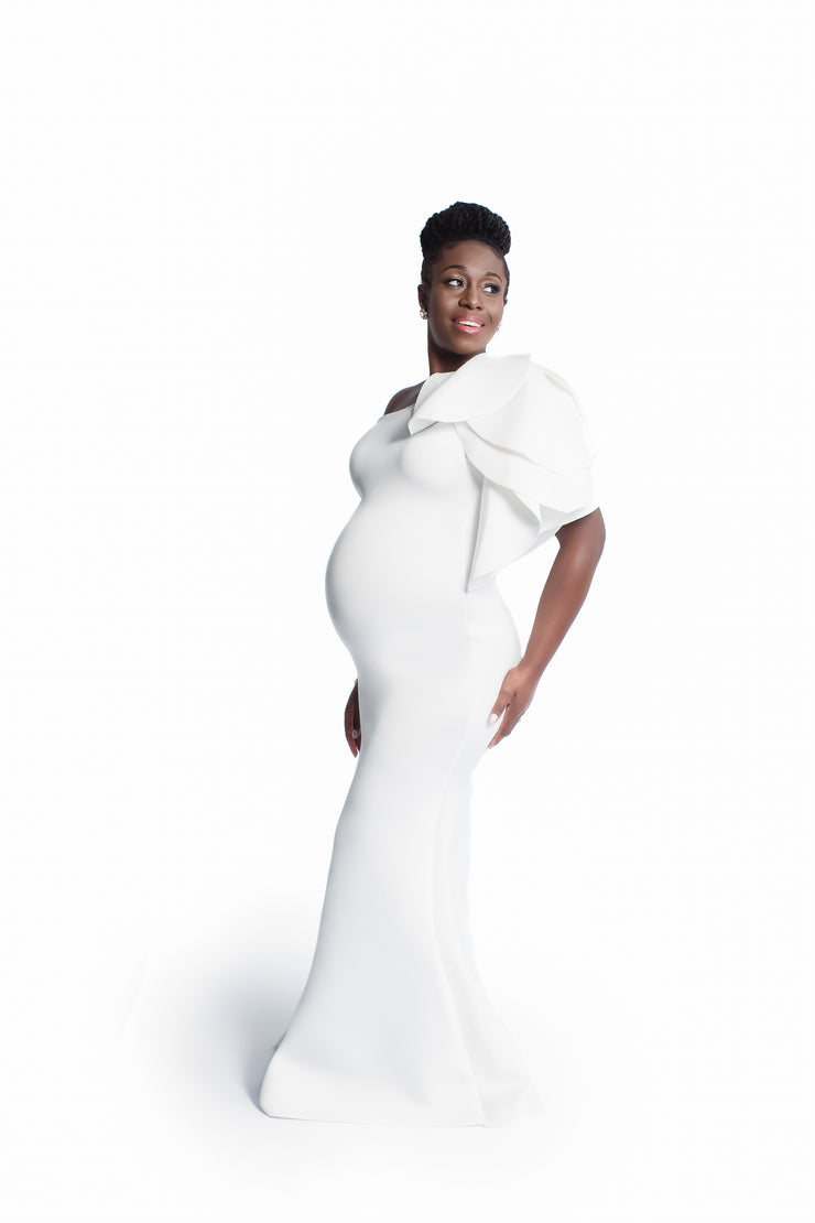 Pure White Maternity Gown for Photo Shoot and Baby Showers - One Sleeve Maternity Dress