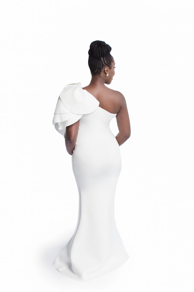 Pure White Maternity Gown for Photo Shoot and Baby Showers - One Sleeve Maternity Dress