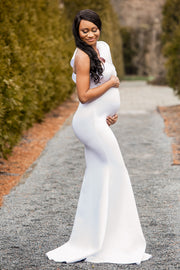 Pure White Maternity Gown for Photo Shoot and Baby Showers - One Sleeve Maternity Dress