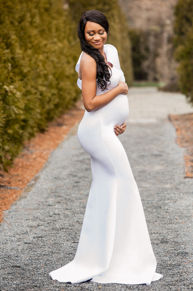 Pure White Maternity Gown for Photo Shoot and Baby Showers - One Sleeve Maternity Dress