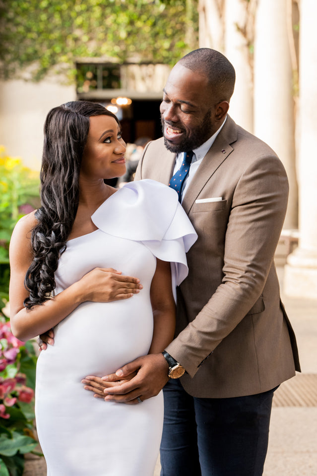 Pure White Maternity Gown for Photo Shoot and Baby Showers - One Sleeve Maternity Dress