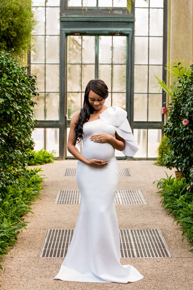 Pure White Maternity Gown for Photo Shoot and Baby Showers - One Sleeve Maternity Dress