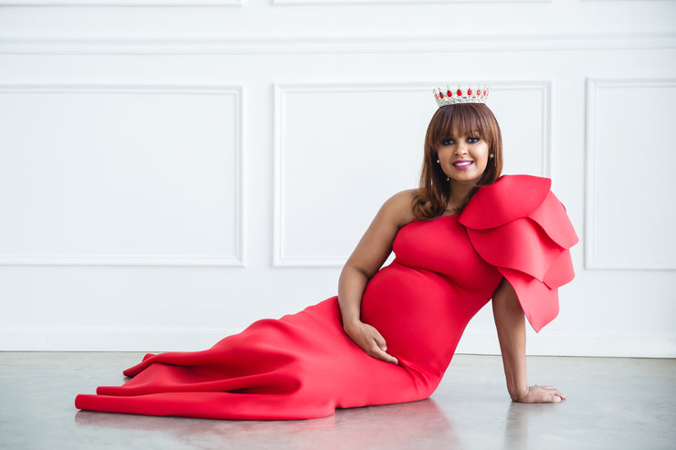 Red Maternity Gown for Photo Shoot and Baby Showers - Tulip One Sleeve Maternity Dress