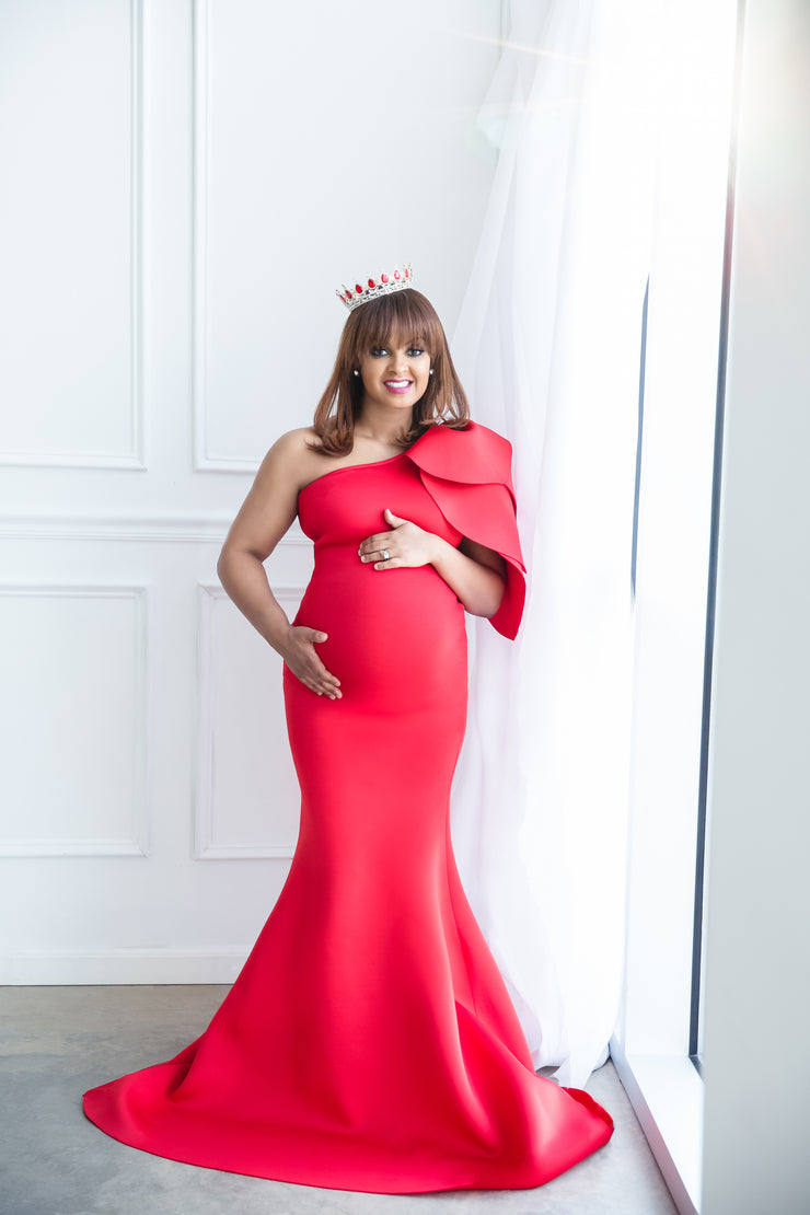 Red Maternity Gown for Photo Shoot and Baby Showers - Tulip One Sleeve Maternity Dress