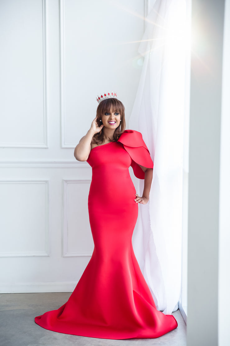 Red Maternity Gown for Photo Shoot and Baby Showers - Tulip One Sleeve Maternity Dress