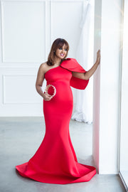 Red Maternity Gown for Photo Shoot and Baby Showers - Tulip One Sleeve Maternity Dress