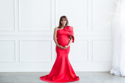 Red Maternity Gown for Photo Shoot and Baby Showers - Tulip One Sleeve Maternity Dress