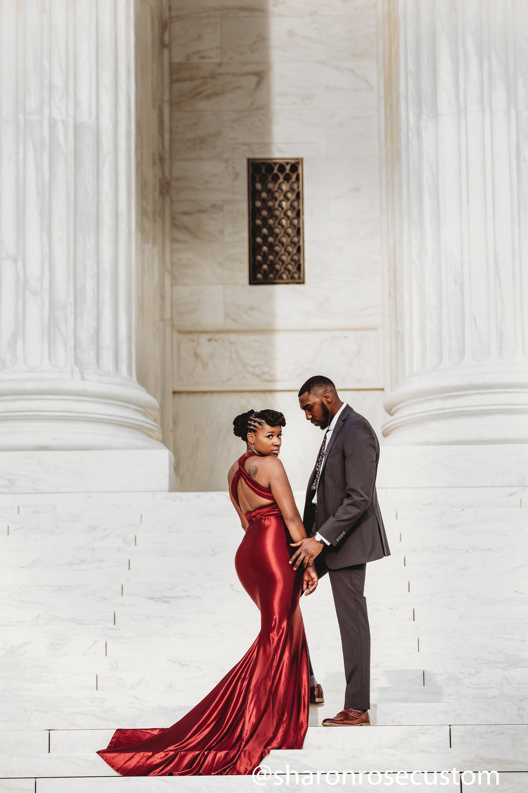 Oscar Red Satin Engagement Gown Perfect for Photo Shoots – sharon rose  custom