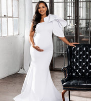 Pure White Maternity Gown for Photo Shoot and Baby Showers - One Sleeve Maternity Dress