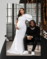 Pure White Maternity Gown for Photo Shoot and Baby Showers - One Sleeve Maternity Dress