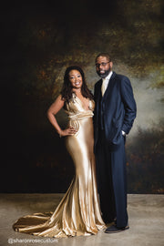 Oscar Champagne Gold Satin Engagement Gown Perfect for Photo Shoots