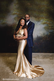 Oscar Champagne Gold Satin Engagement Gown Perfect for Photo Shoots