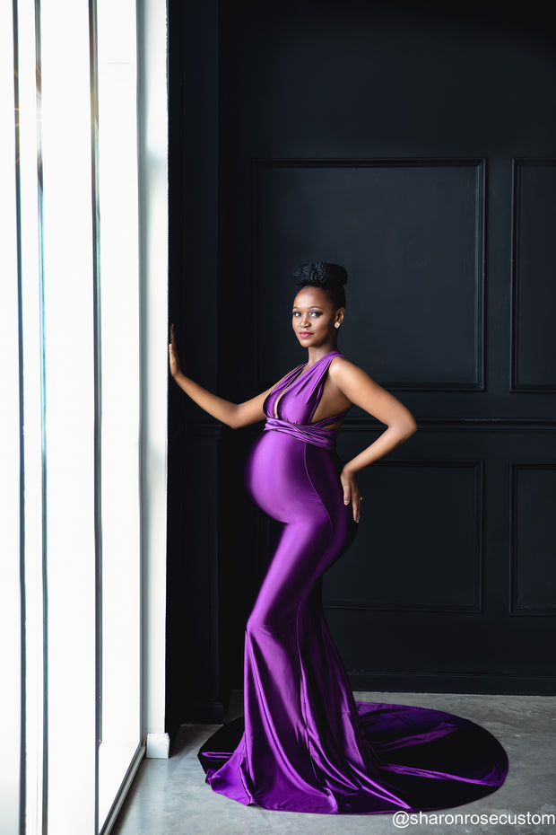 Oscar Purple Satin Maternity Gown for Photo Shoot and Baby Showers