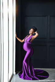 Oscar Purple Satin Maternity Gown for Photo Shoot and Baby Showers