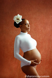 The White Long Sleeve Petal crop top set perfect for maternity photo shoots