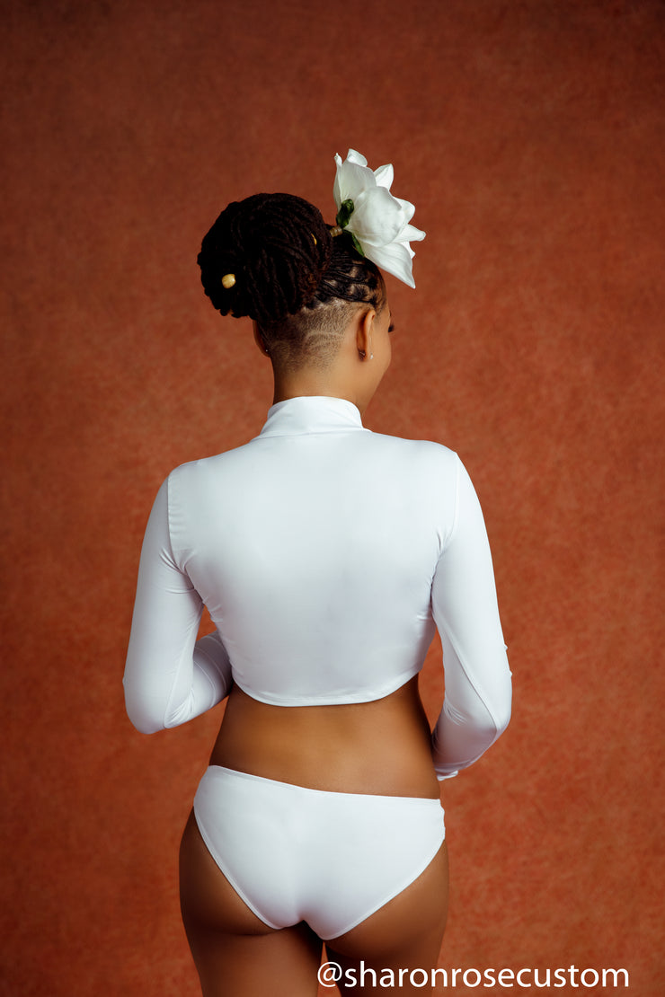 The White Long Sleeve Petal crop top set perfect for maternity photo shoots