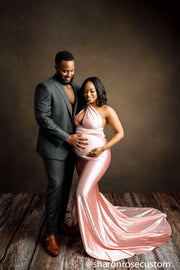 Oscar Blush Pink Satin Maternity Gown for Photo Shoot and Baby Showers