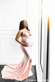 Oscar Blush Pink Satin Maternity Gown for Photo Shoot and Baby Showers
