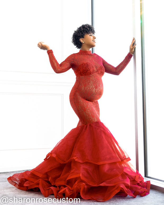 Red Lace Maternity Gown for Photo Shoot and Baby Showers - Rose Maternity Dress