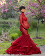 Red Lace Maternity Gown for Photo Shoot and Baby Showers - Rose Maternity Dress