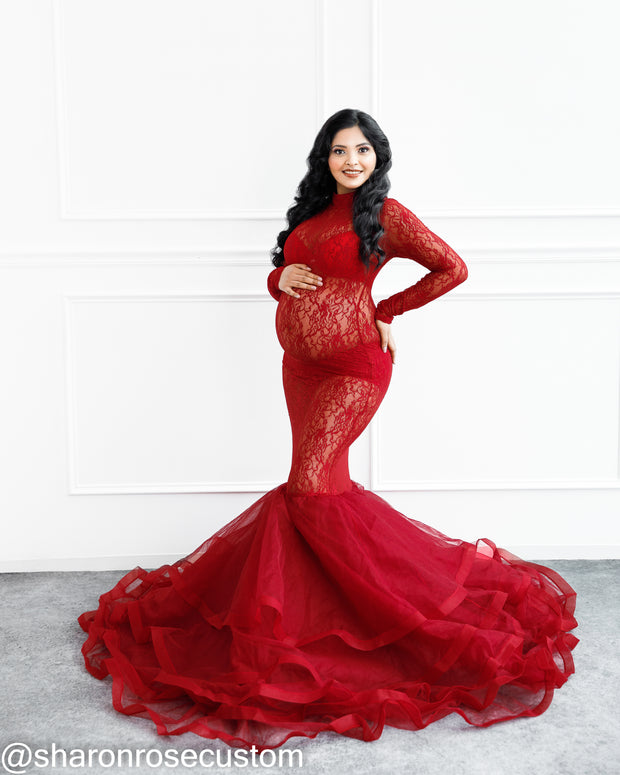 Red Lace Maternity Gown for Photo Shoot and Baby Showers - Rose Maternity Dress