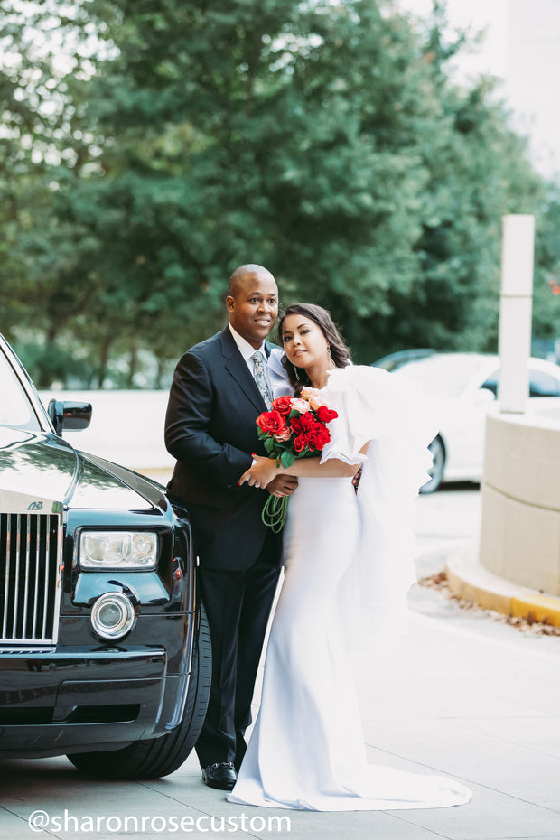 White Engagement Dress with ruffle cape perfect for photo shoots