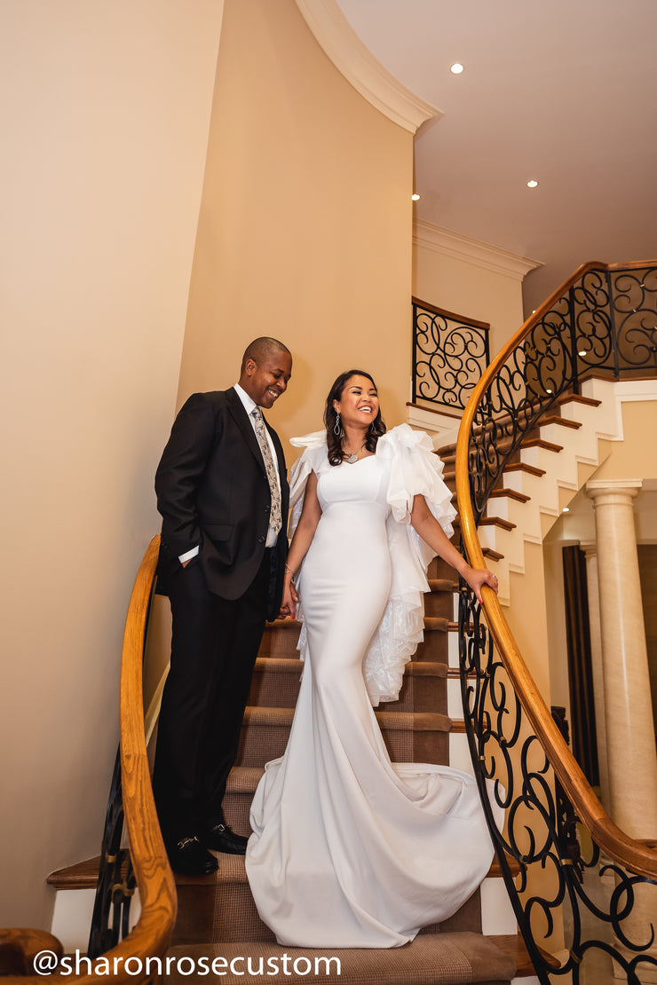 White Engagement Dress with ruffle cape perfect for photo shoots