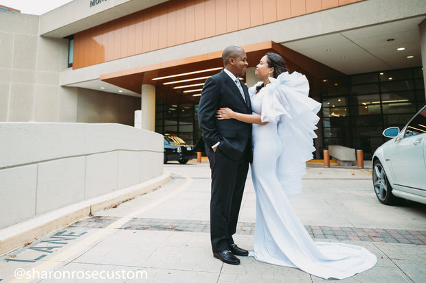 White Engagement Dress with ruffle cape perfect for photo shoots