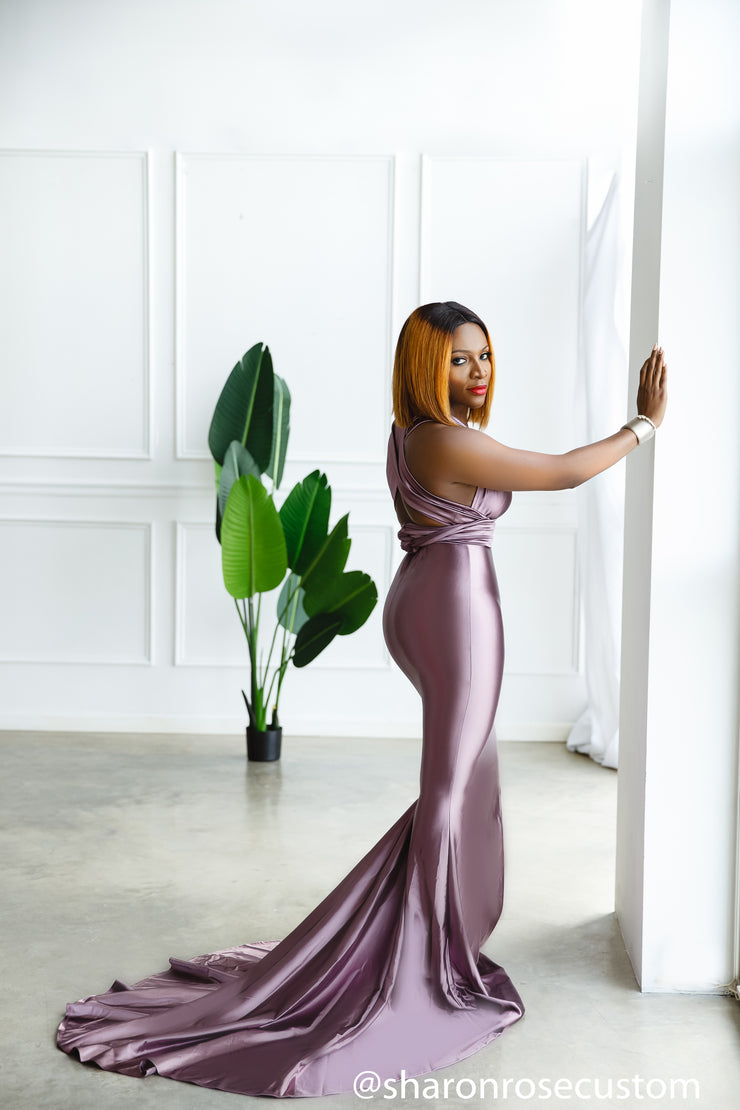 Oscar Mauve Satin Engagement Gown Perfect for Photo Shoots