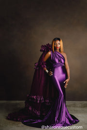 Oscar Purple Satin Engagement Gown with Victorious Cape Perfect for Photo Shoots