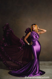 Oscar Purple Satin Engagement Gown with Victorious Cape Perfect for Photo Shoots