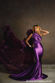 Oscar Purple Satin Engagement Gown with Victorious Cape Perfect for Photo Shoots