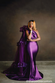 Oscar Purple Satin Engagement Gown with Victorious Cape Perfect for Photo Shoots