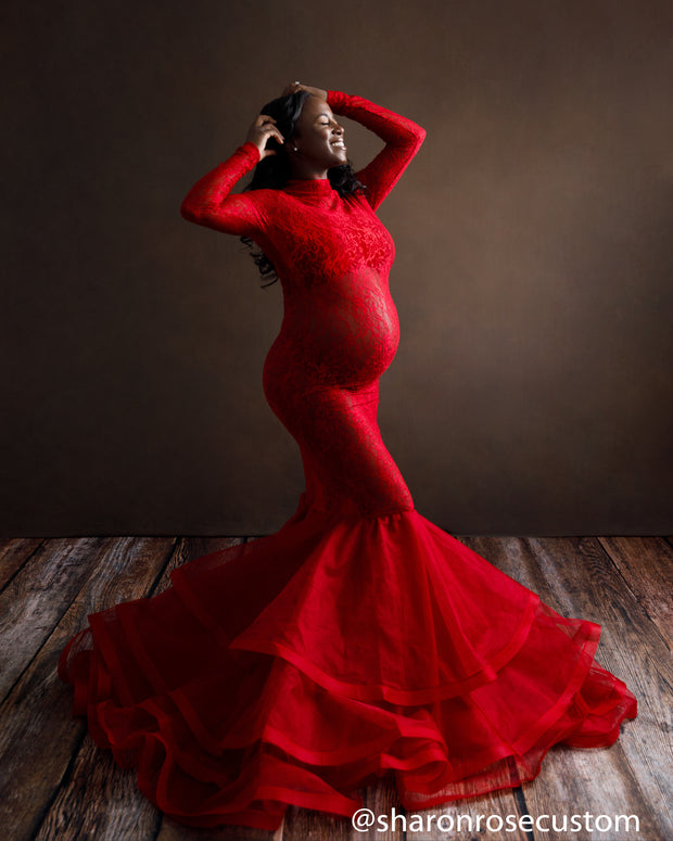 Red Lace Maternity Gown for Photo Shoot and Baby Showers - Rose Maternity Dress