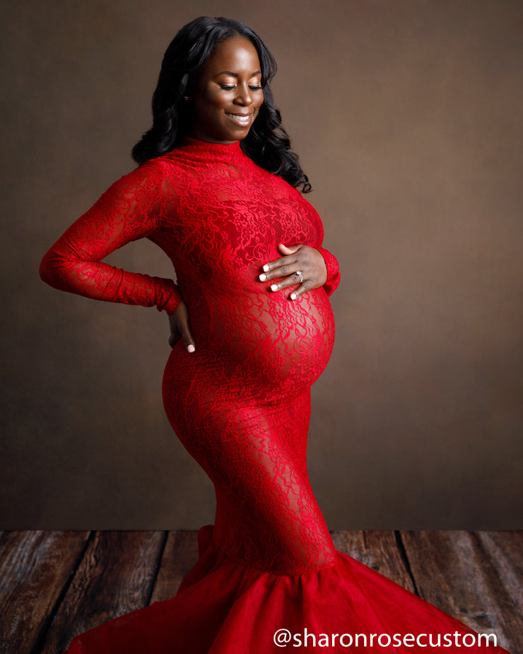 Red Lace Maternity Gown for Photo Shoot and Baby Showers - Rose Maternity Dress