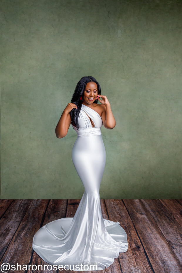 Oscar White Satin Engagement Gown Perfect for Photo Shoots